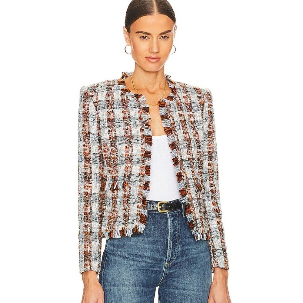 L'AGENCE Angelina Blazer Womens 4 Blue Orange Plaid Tweed Frayed Fringe Trim